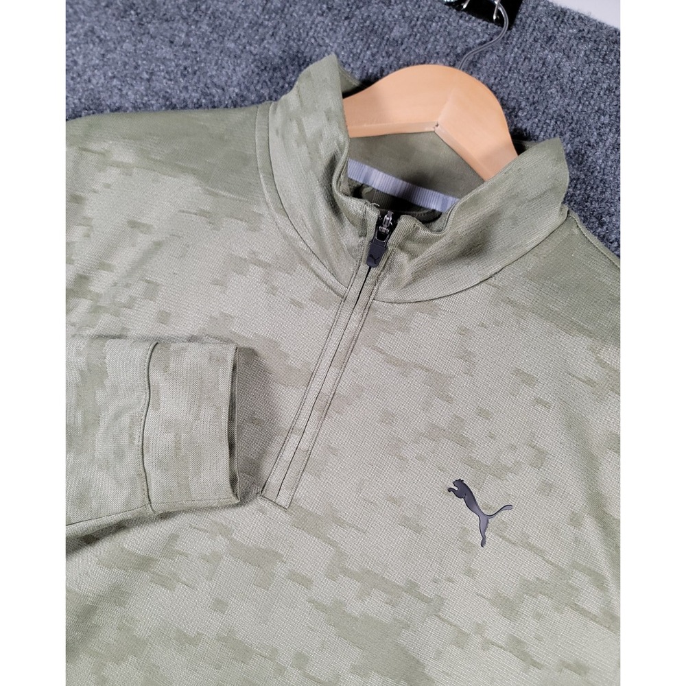 Puma Golf 1/4 Zip Performance Sweatshirt Mens Large Green Pullover Camo Mock Gym